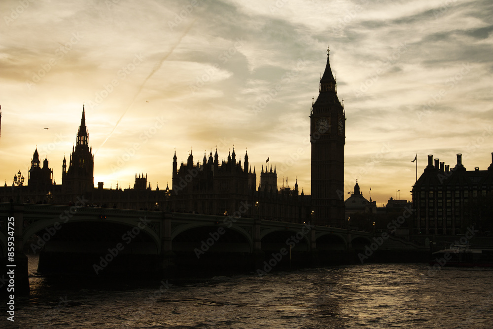 Big Ben and House of Parliament at Sunset. Big Ben and Houses of Parliament photographed at sunset looking across the river Thames.