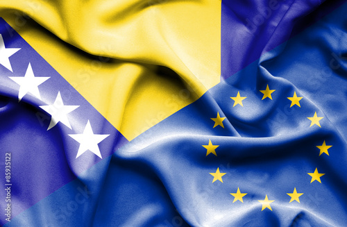 Waving flag of European Union and Bosnia and Herzegovina