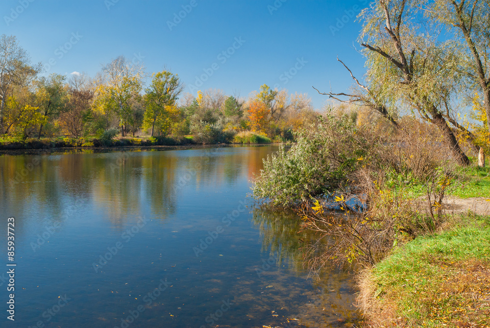 Small Ukrainian river Oril (left inflow of biggest river Dnepr) at fall season