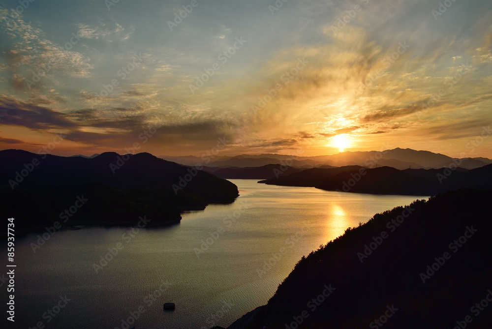 Sunset of Jinayang lake in Jinju City, Korea