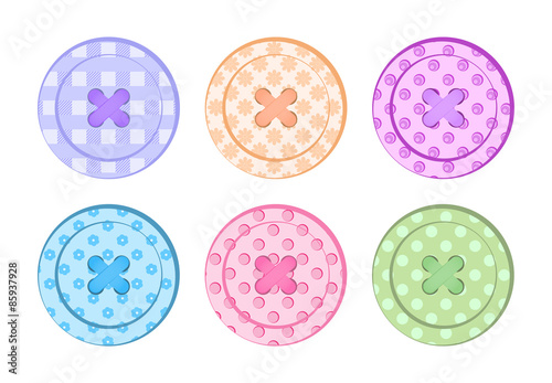 vector sewing buttons orange, blue, green, purple, pink, red, pastel colors with different textures with holes and sewing threads