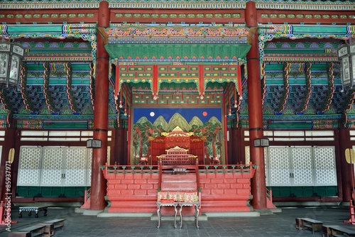 the inside of Geunjeongjeon in Gyeongbok palace in Korea