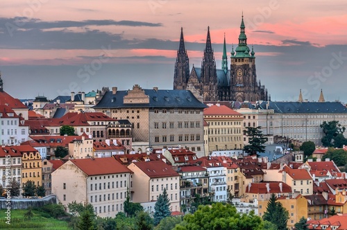 Prague castle and roofs of buildings in Prague during sunset