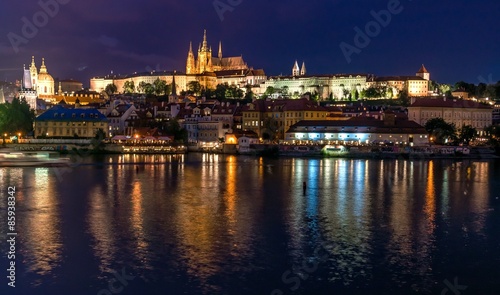 Prague castle and Vltava river at night