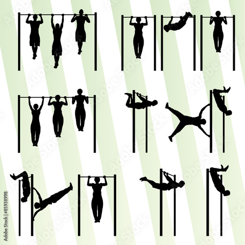 Muscular men doing pull ups bodybuilding fitness set vector back