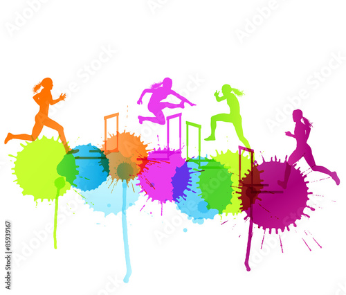 Hurdle race woman barrier running vector background winner overc