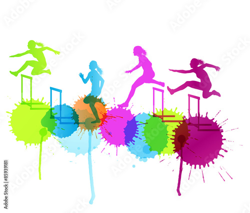 Hurdle race woman barrier running vector background winner overc