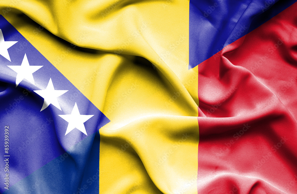 Waving flag of Romania and Bosnia and Herzegovina