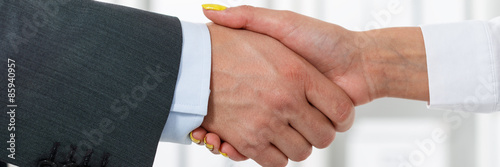 Male and female handshake in office