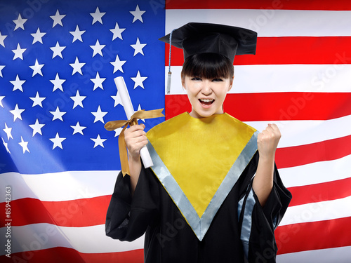 Happy female asian student with USA flag background photo