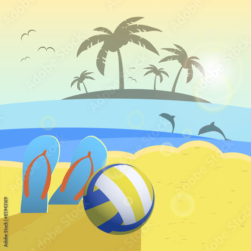 Depicted still life beach volleyball, ball, palms, sea. Vector