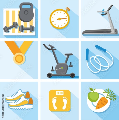 Fitness, gym, healthy lifestyle, colored, flat, illustration, icons. 