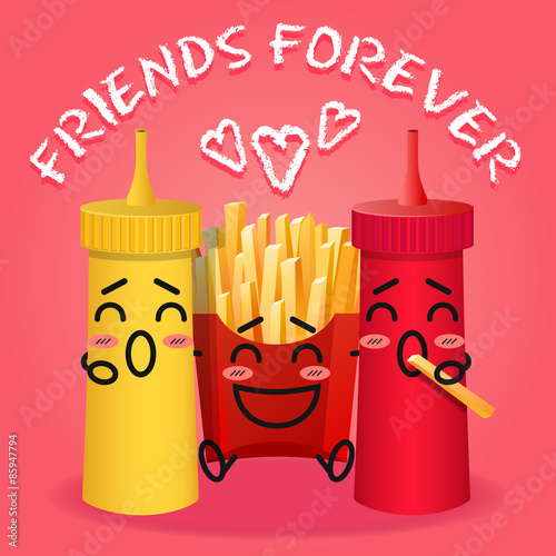 fried potatoes and ketchup and mustard cartoon