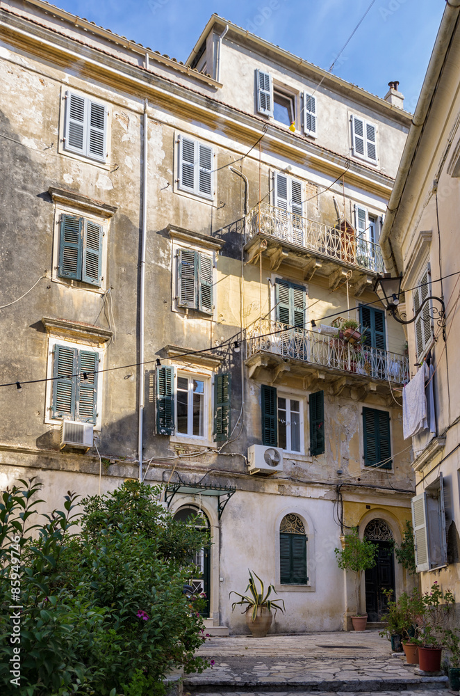Facade of an old building in Corfu island, Greece