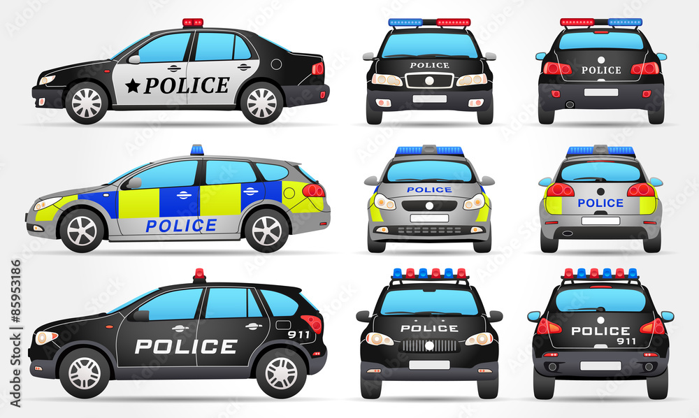 Vector Police Cars - Side - Front - Back view