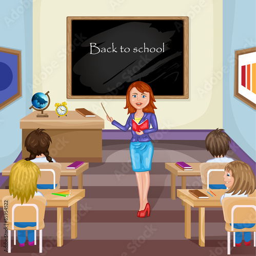 Illustration of kids studying  in classroom with teacher
