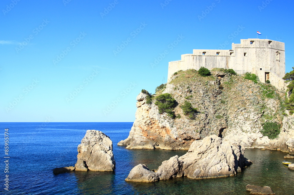 Fort Lovrijenac in Dubrovnik (Croatia), blue Adriatic sea and blue sky