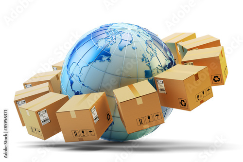 International package delivery concept, global purchases transportation business, cardboard boxes around Earth globe isolated on white background