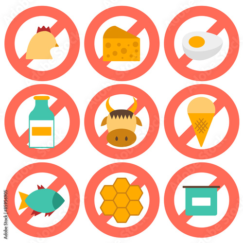 Set of modern flat icons with products containing animal protein