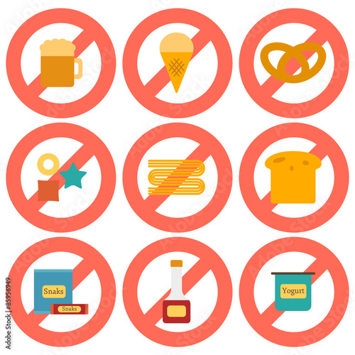 Set of flat icons with allergic gluten products: bread, pastry