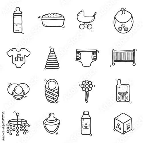 Set of cute hand drawn icons on baby theme. Baby care concept