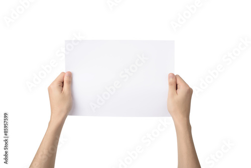hands holding A4 paper, isolated on white