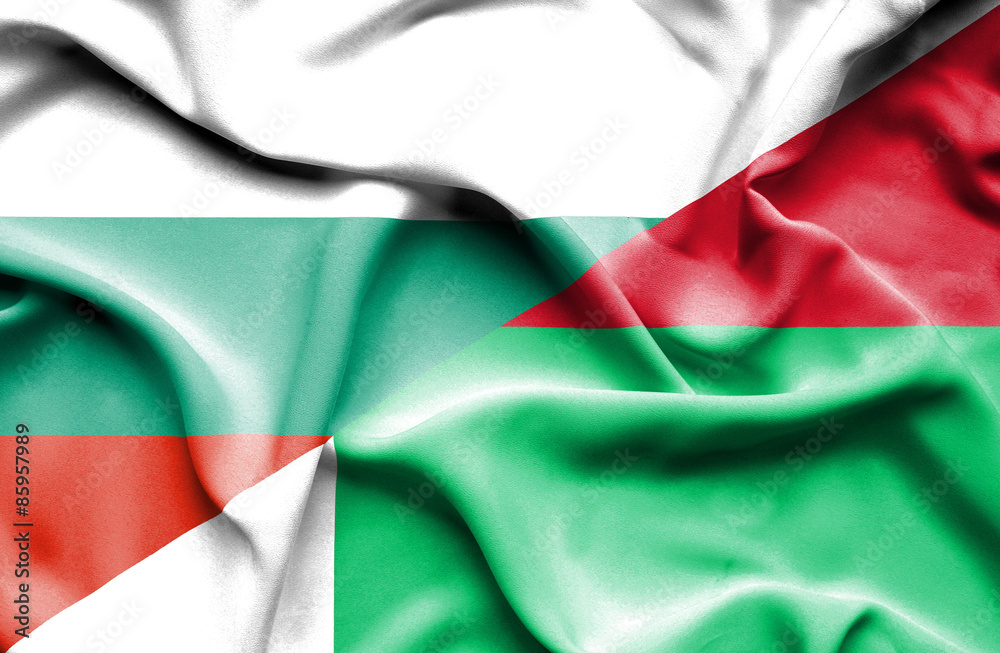 Waving flag of Madagascar and Bulgaria