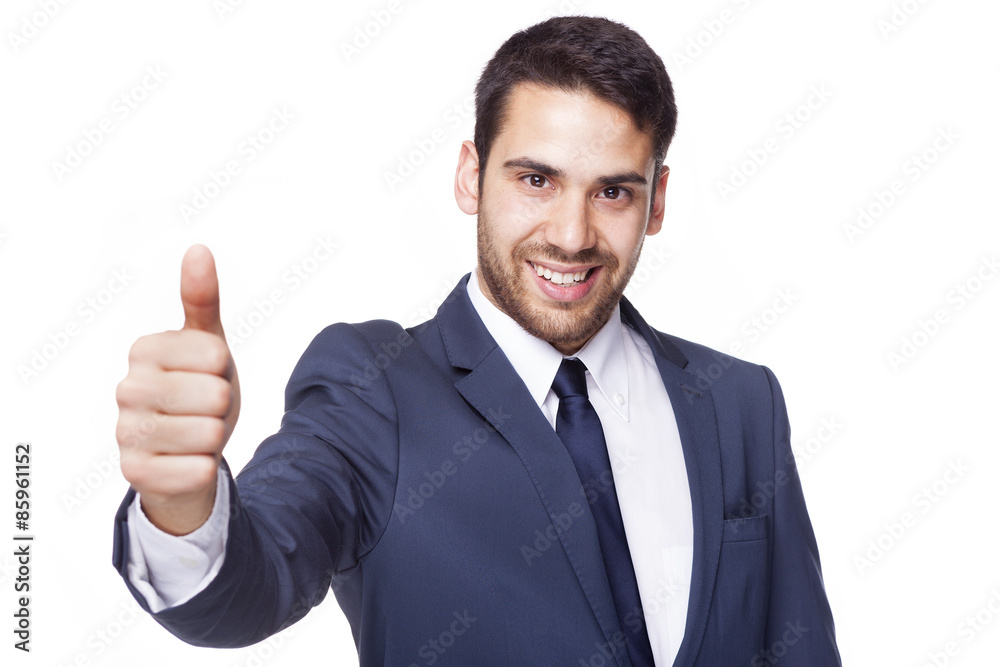 Happy smiling businessman with thumb up, isolated on white backg Happy smiling businessman with thumb up, isolated on white backg