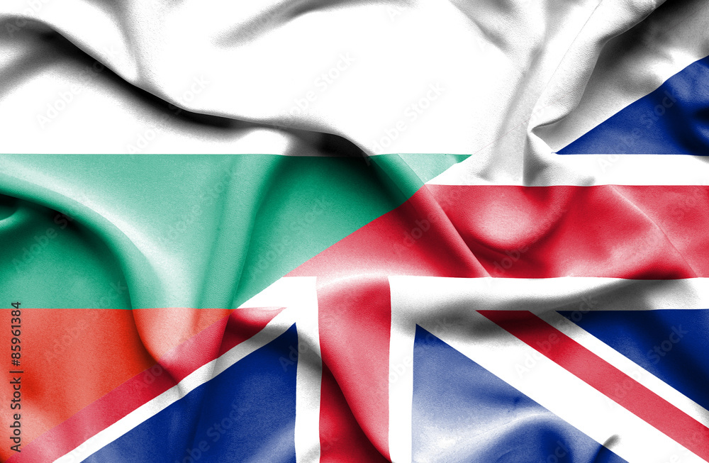 Waving flag of United Kingdon and Bulgaria Waving flag of United Kingdon and Bulgaria