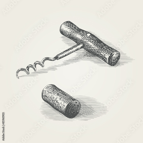 Hand drawn corkscrew and wine cork