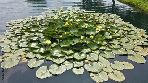 Giant water lily pad plant with yellow flowers
