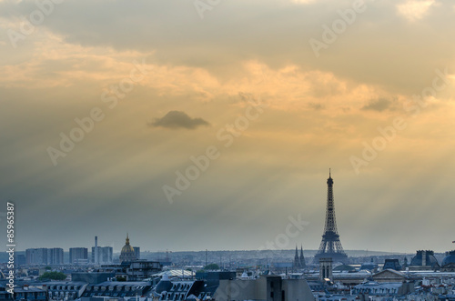 Eiffel Tower with Paris Skyline at sunset
