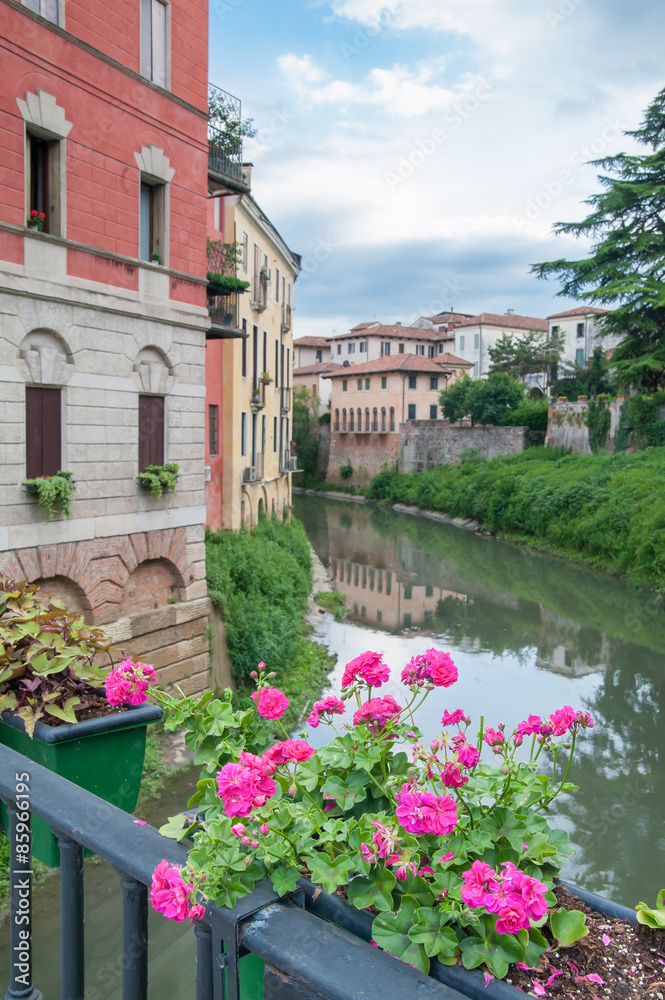 Flowered vases on the iron railing of saint Paul bridge in Vicenza and a view of Retrone river and houses at its banks