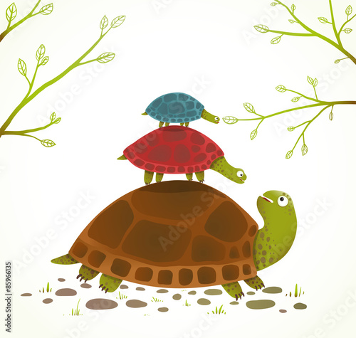 Turtle Mother and Babies Childish Animal Illustration