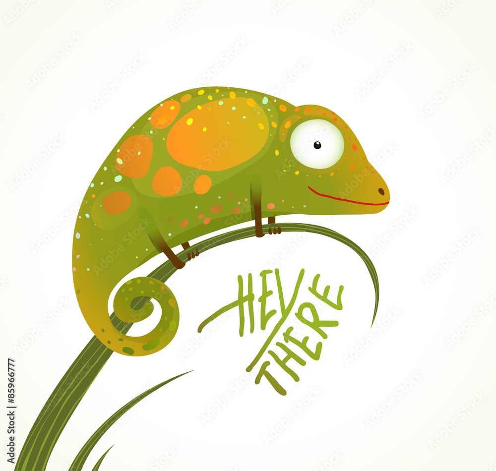 Naklejka premium Colorful Lizard Childish Animal Fun Cartoon with Sign Hey There