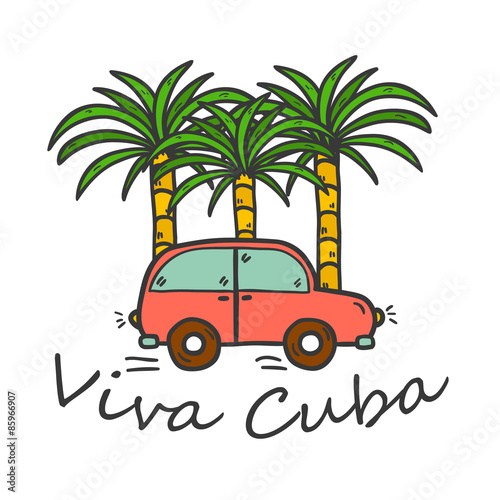 Vector illustration with hand drawn palms and vintage car