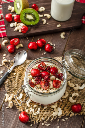 Domestic cherry yogurt with wonder chia seeds and granula