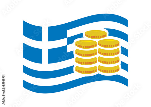 Vector image of a Greek flag and coins