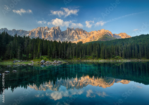 Lake with mountain forest landscape, Lago di Carezza