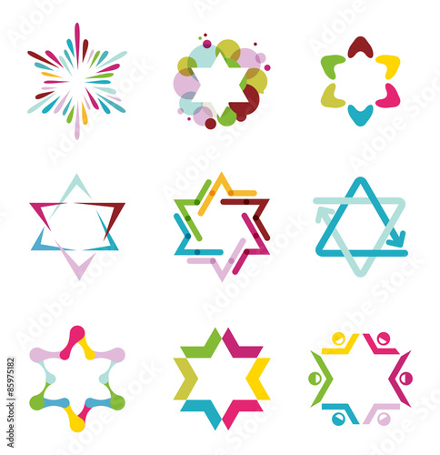 collection of colorful abstract star icons, symbols and graphic