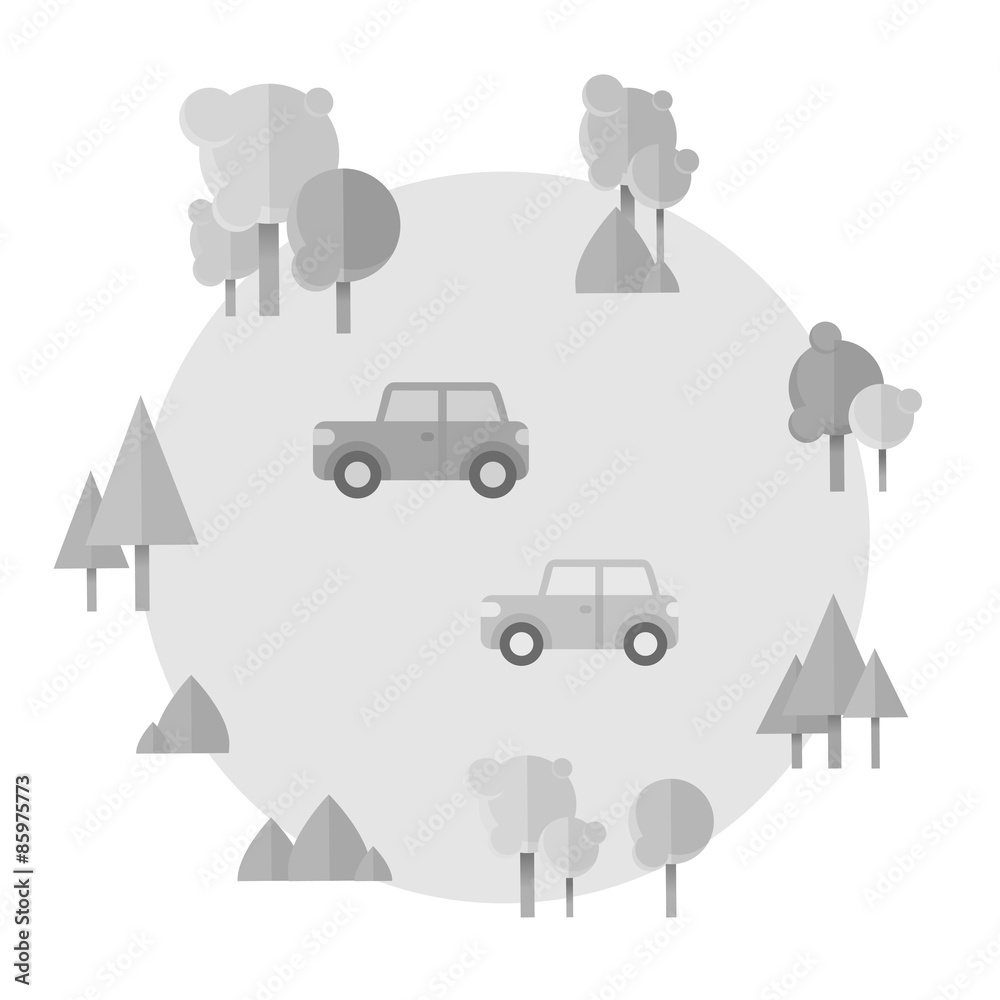 Fototapeta premium Flat cartoon cards with cars and forest icons