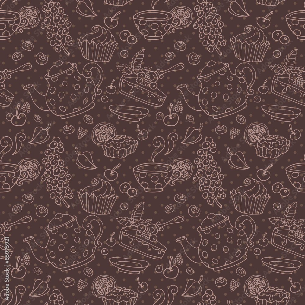 Ornament seamless pattern with tea party objects Ornament seamless pattern with tea party objects