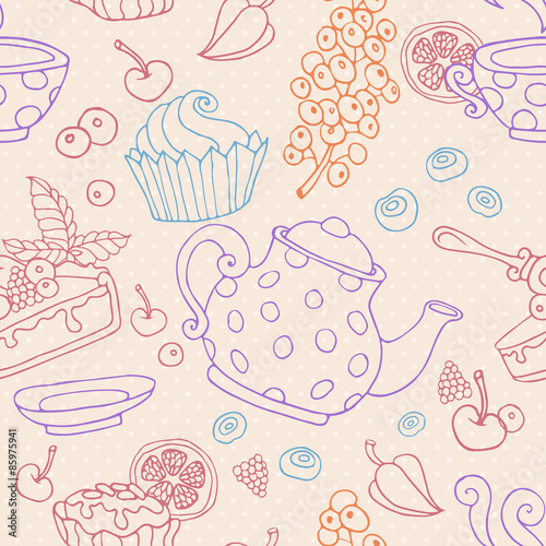 Ornament seamless pattern with tea party objects