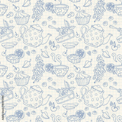 Ornament seamless pattern with tea time objects