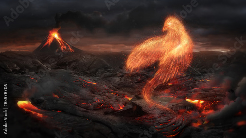 Burning bird phoenix  in the volcanic landscape photo