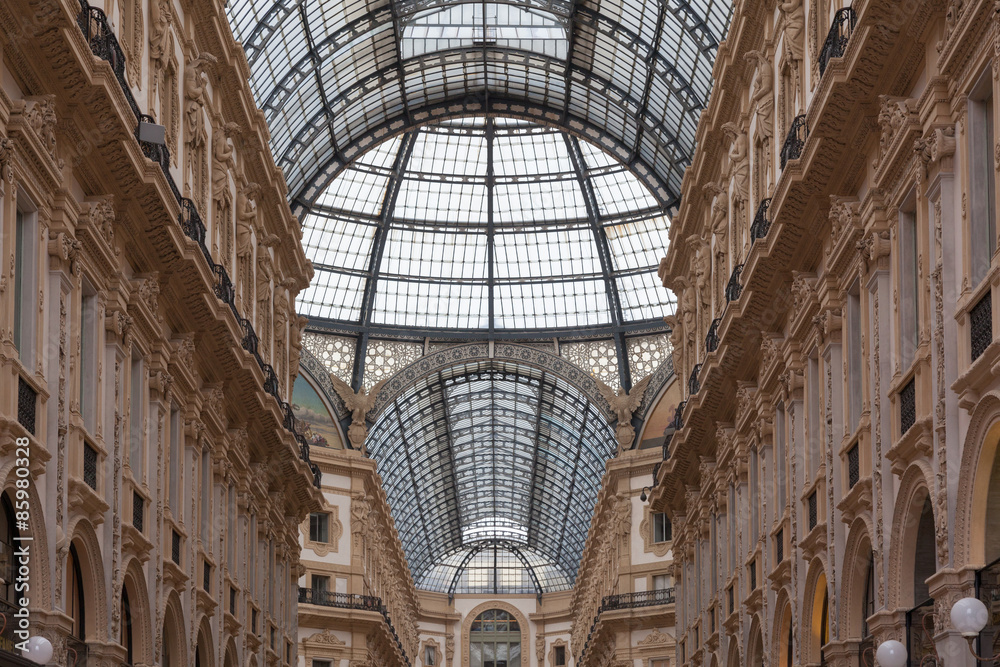 Interiors of the Vittorio Emmanuele II shopping gallery in Milan, Italy. May 1st 2015