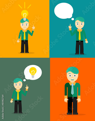 Young businessman thinking of his ideas. Set of flat design