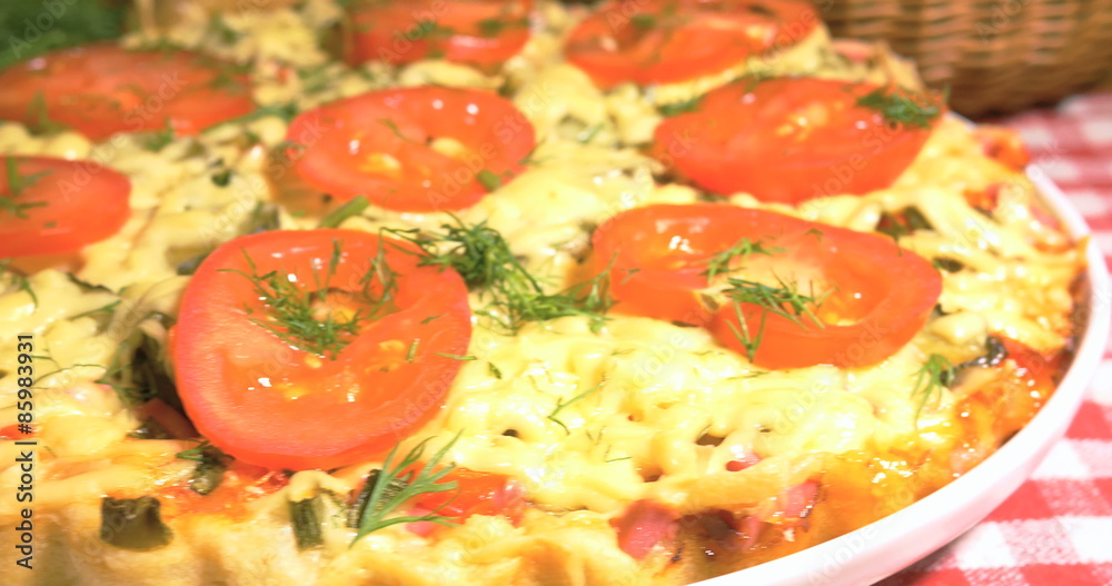 Italian pizza with meat, tomatoes ,dill and double cheese Italian pizza with meat, tomatoes ,dill and double cheese