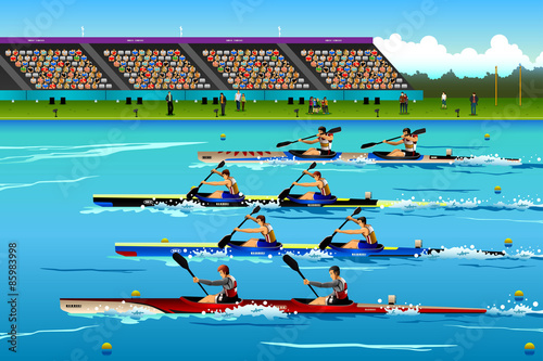 People riding canoe in river during competition