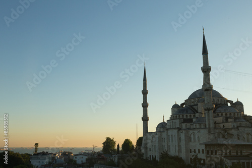 Sultan Ahmet mosque at sunset with a view to the Sea of Marmara, Istanbul, Turkey